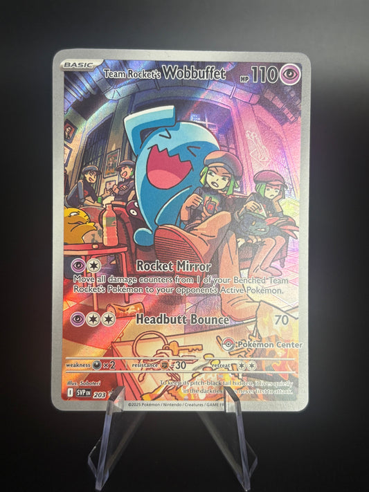 Team Rocket's Wobbuffet (203) — SV Black Star Promos Pokemon Center Stamped — Excellent
